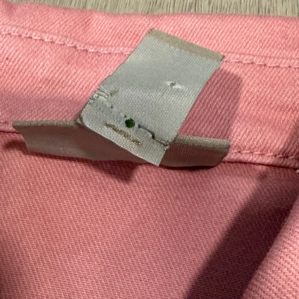 Chicos Women Pink Ruffle Hem Denim Style Jacket Size 2 Large Button Front Twill